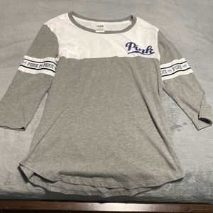 Pink 3/4 sleeve T shirt with sequence on back